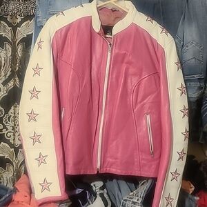 Pink and white leather jacket With the matching vest also leather.